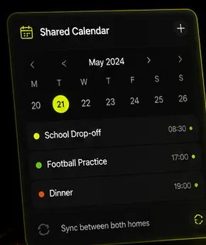 CoNest shared co-parenting calendar showing school drop-off, football practice and dinner