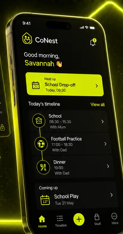 CoNest mobile co-parenting dashboard showing the day’s shared schedule